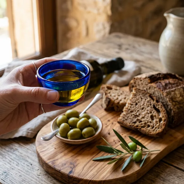 Barbera olive oil tasting in traditional blue cobalt glass with fresh olives