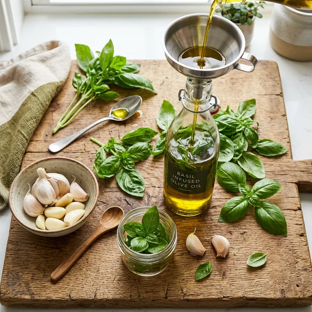 Basil infused olive oil preparation with fresh basil leaves, garlic, and golden EVOO on cutting board