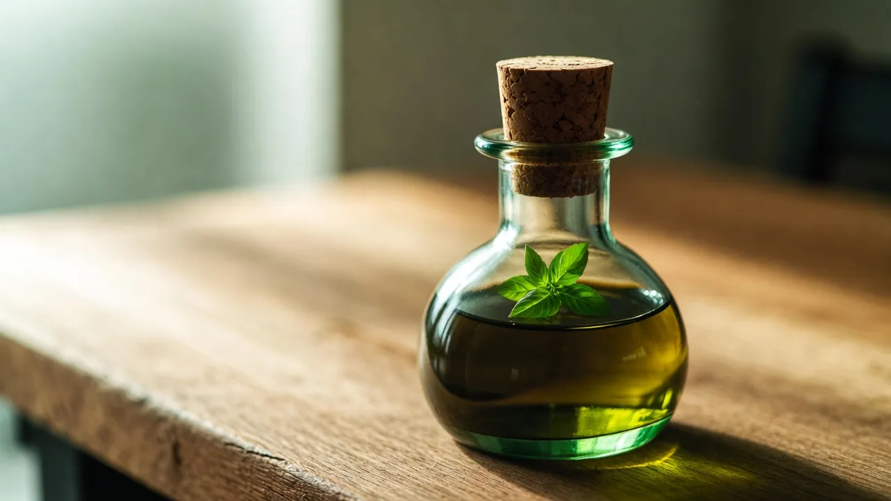 Basil infused olive oil with fresh basil leaves