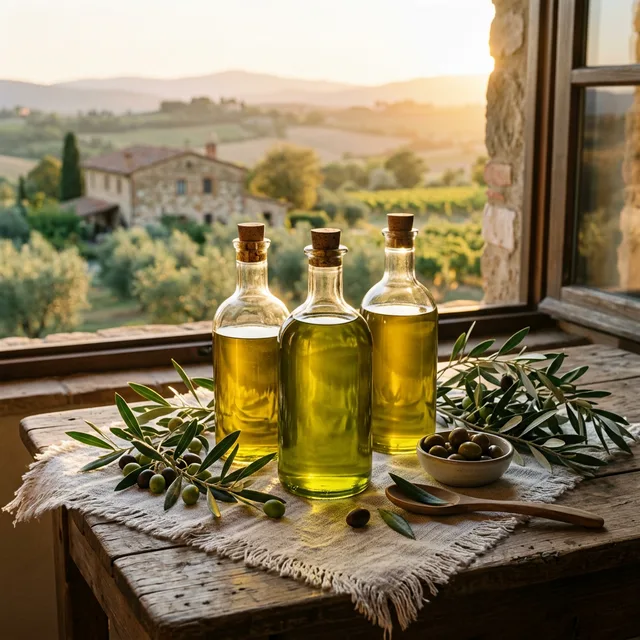 Botticelli olive oil premium Italian bottles on rustic Tuscan table