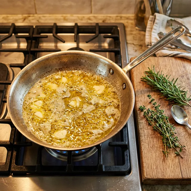 Butter olive oil cooking in a pan with fresh herbs