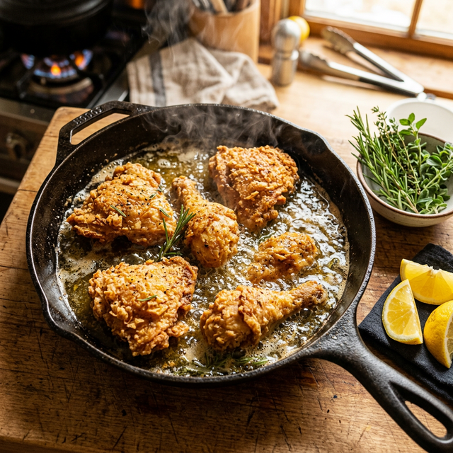 Golden crispy fried chicken in olive oil