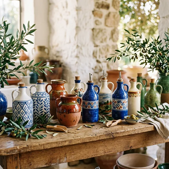 Ceramic olive oil bottle collection in Mediterranean styles