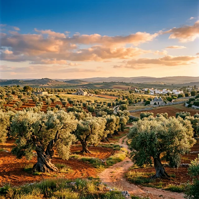 Coratina olive oil grove in Puglia with ancient twisted olive trees