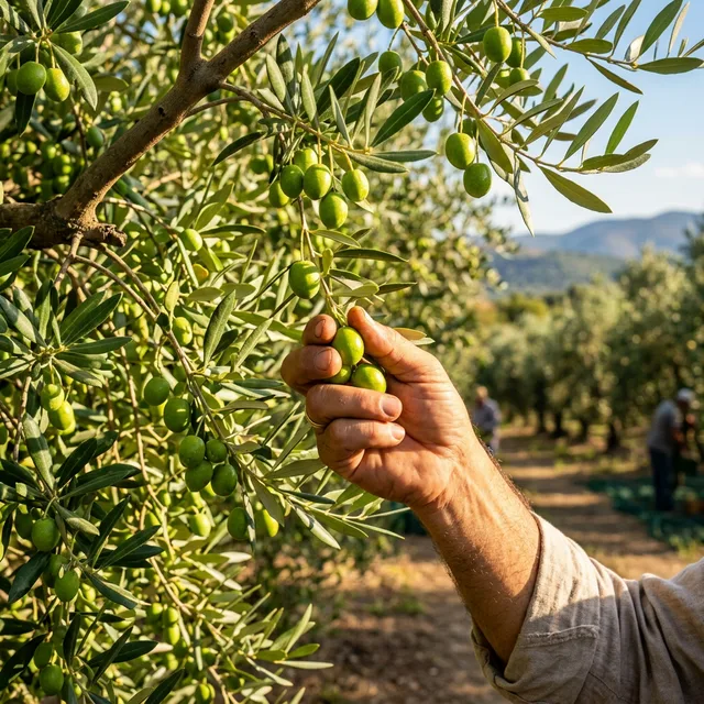 Early harvest olive oil green olives being hand-picked from branch