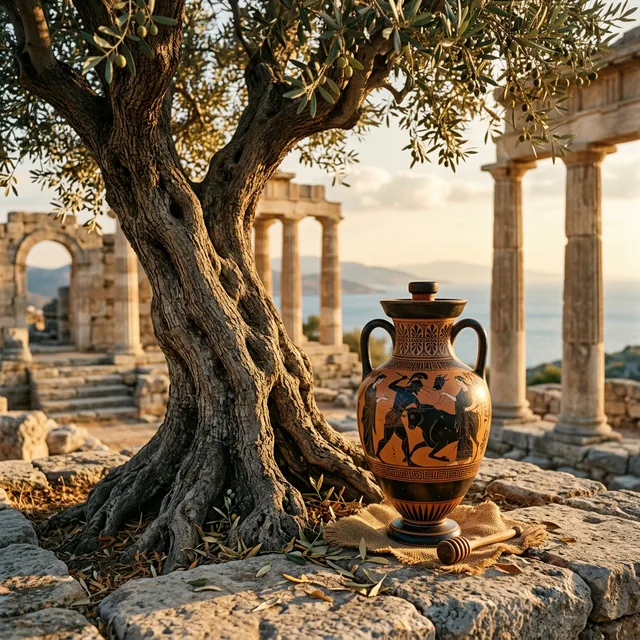 Greek mythology olive oil organic ancient amphora vessel near olive tree