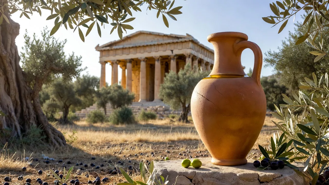 Ancient Greek olive grove with organic olive trees under golden Mediterranean sunlight