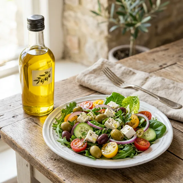 Olive oil gluten free Mediterranean salad with fresh vegetables