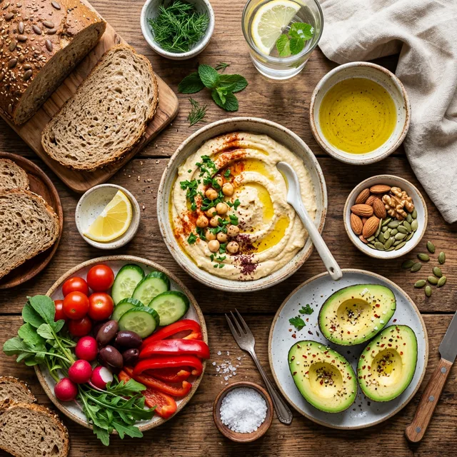 Olive oil vegan Mediterranean meal spread with plant-based foods