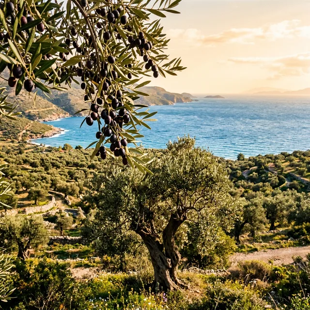 Kalamata olive oil groves in Peloponnese Greece with purple olives
