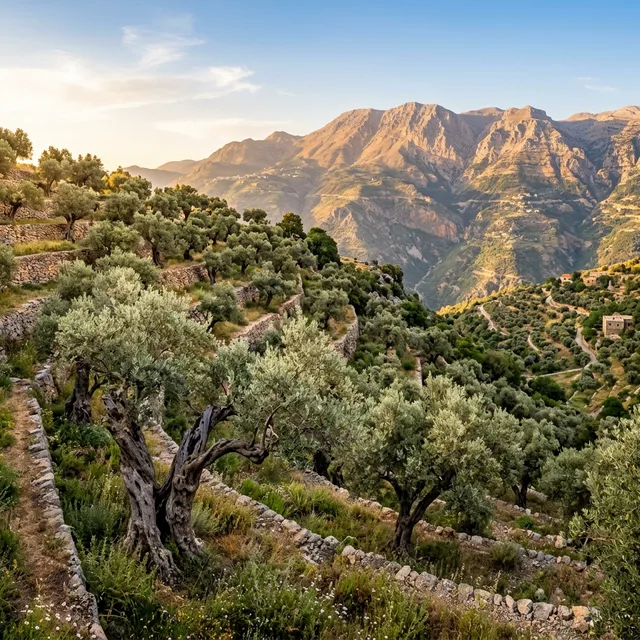 Lebanese olive oil ancient trees on terraced hillside grove