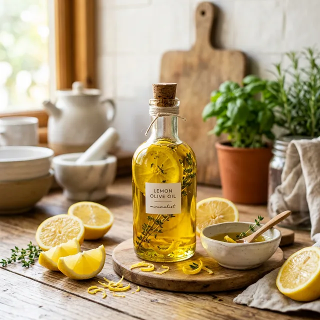 Lemon olive oil infusion with fresh lemons and golden EVOO