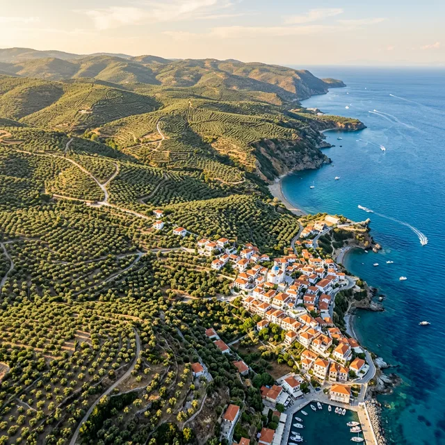 Mediterranean olive oil groves aerial view with coastal landscape