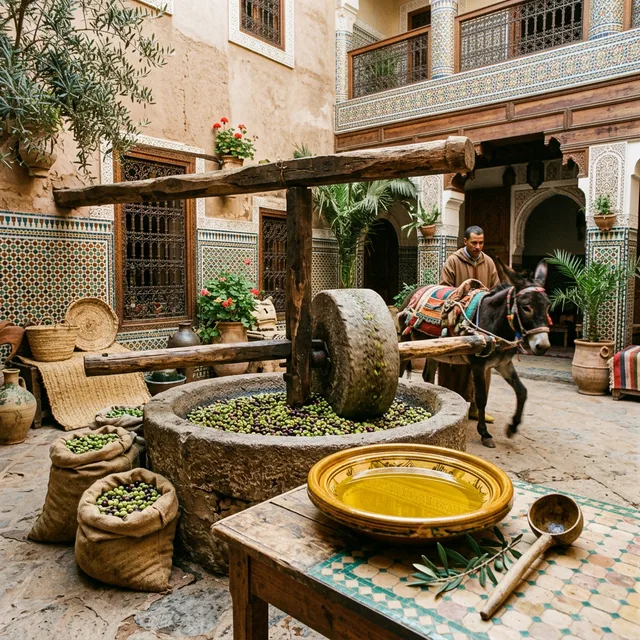 Moroccan oil olive traditional stone press with zellige tilework
