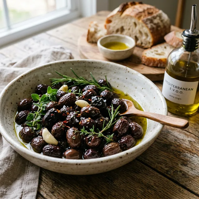Oil cured olives in rustic ceramic bowl glistening with olive oil