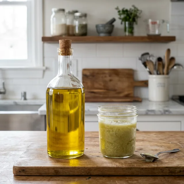 Olive oil can freeze showing liquid and solidified states