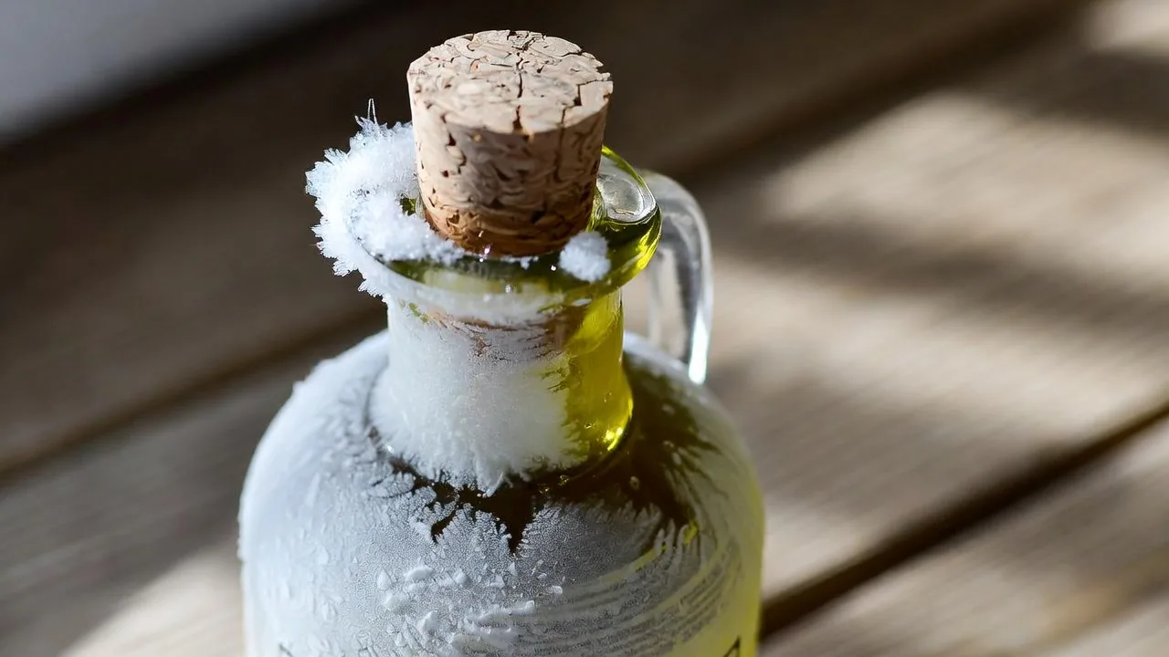 Frozen olive oil in a bottle