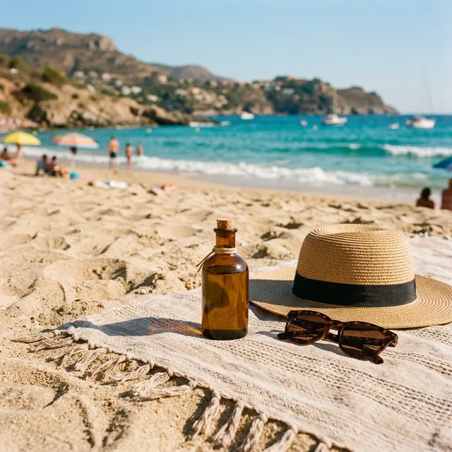 Olive oil for sunbathing bottle on beach towel with sunhat