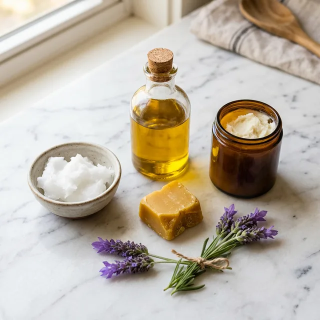 Olive oil lotion DIY ingredients flat lay with EVOO shea butter beeswax lavender