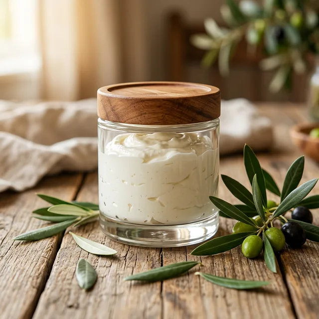 Homemade whipped olive oil lotion in glass jar with olive branches