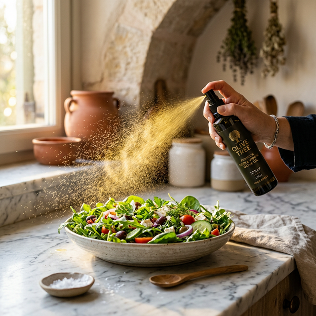Olive oil spray bottle misting golden EVOO