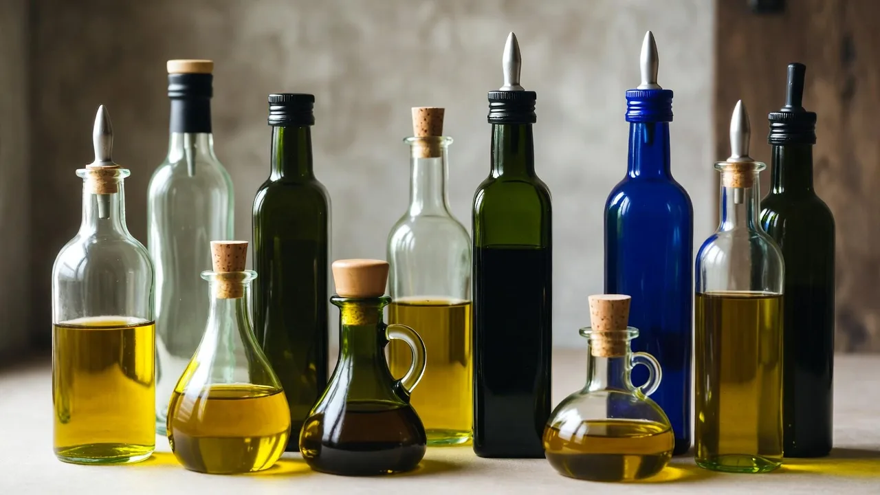 Premium olive oil bottles in dark glass, ceramic, and tin for optimal storage and preservation